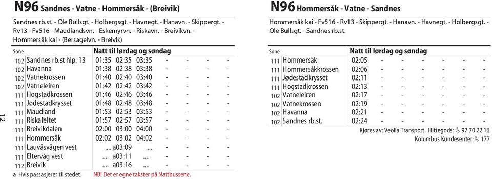 13 01:35 02:35 03:35 - - - - 102 Havanna 01:38 02:38 03:38 - - - - 102 Vatnekrossen 01:40 02:40 03:40 - - - - 102 Vatneleiren 01:42 02:42 03:42 - - - - 111 Hogstadkrossen 01:46 02:46 03:46 - - - -