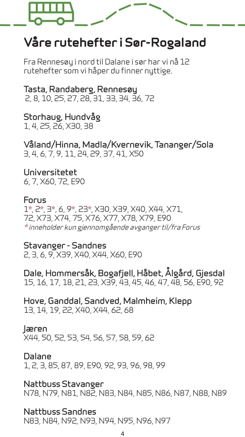 Universitetet 6, 7, X60, 72, E90 Forus 1*, 2*, 3*, 6, 9*, 23*, X30, X39, X40, X44, X71, 72, X73, X74, 75, X76, X77, X78, X79, E90 * inneholder kun gjennomgående avganger til/fra Forus Stavanger -