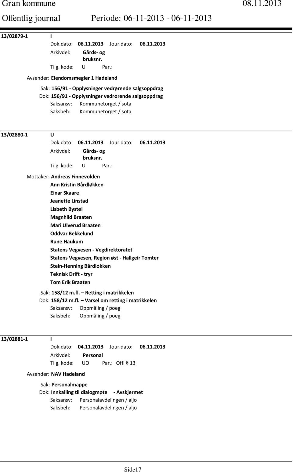 Kommunetorget / sota 13/02880-1 U Mottaker: Andreas Finnevolden Ann Kristin Bårdløkken Einar Skaare Jeanette Linstad Lisbeth Bystøl Magnhild Braaten Mari Ulverud Braaten Oddvar Bekkelund Rune Haukum