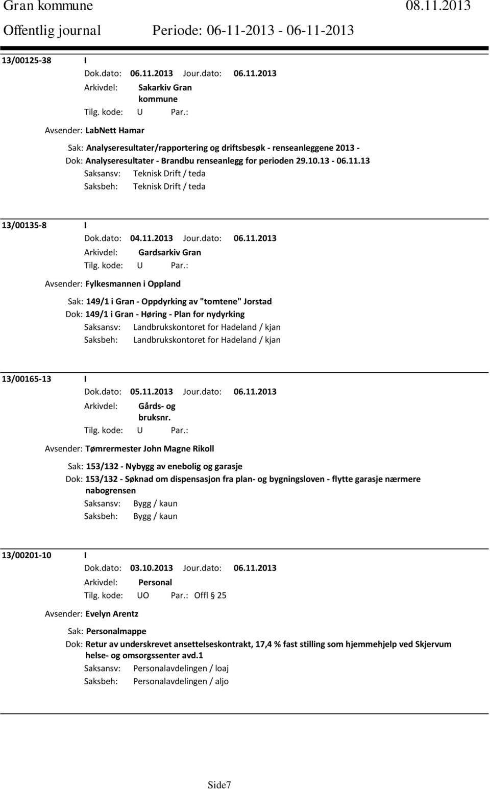 149/1 i Gran - Høring - Plan for nydyrking Saksansv: Landbrukskontoret for Hadeland / kjan Saksbeh: Landbrukskontoret for Hadeland / kjan 13/00165-13 I Dok.dato: 05.11.