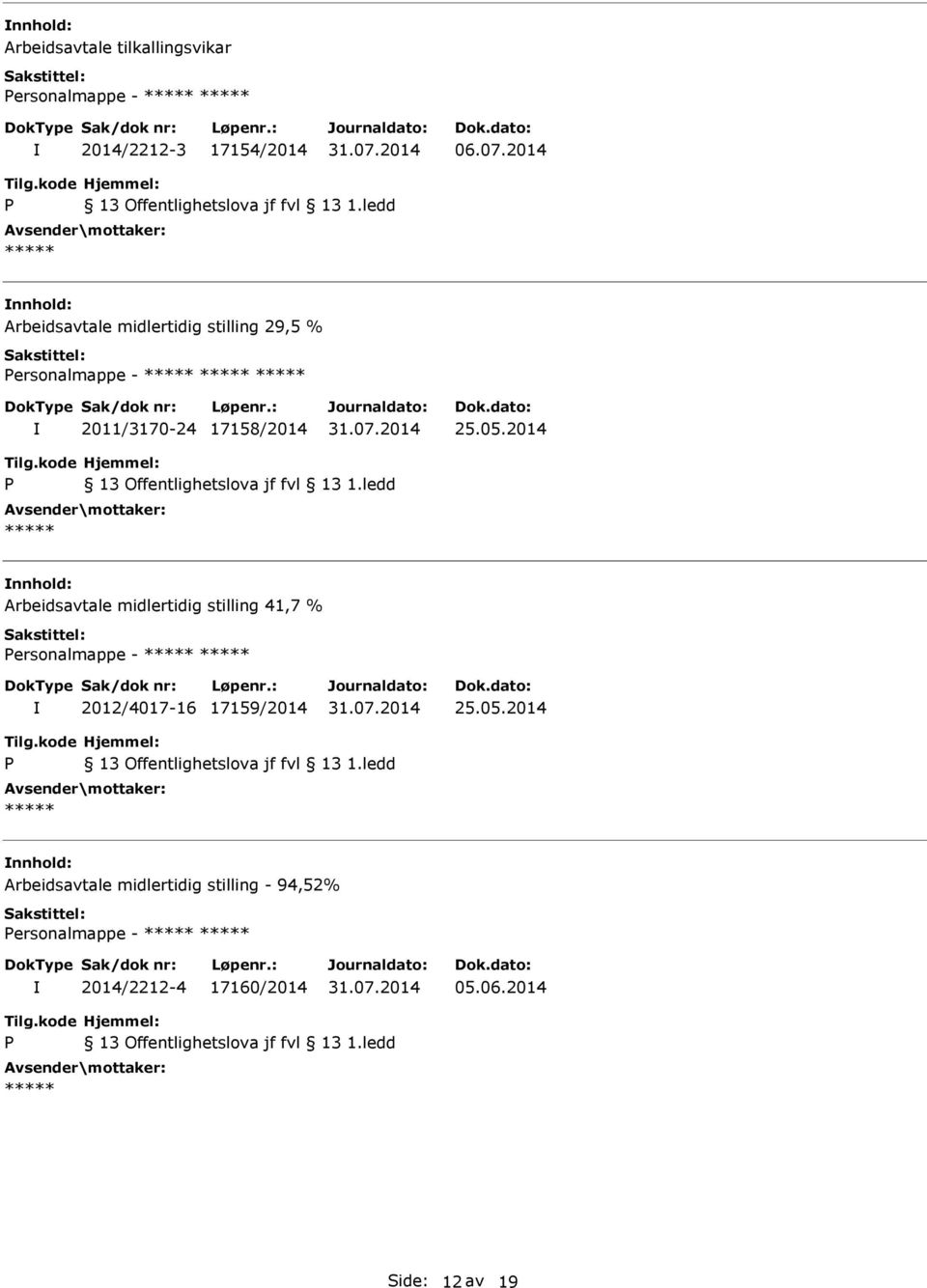 2014 nnhold: Arbeidsavtale midlertidig stilling 41,7 % ersonalmappe - 2012/4017-16 17159/2014 25.05.