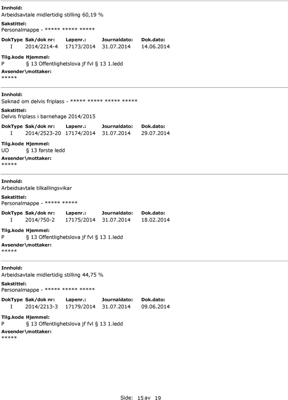 07.2014 O 13 første ledd nnhold: Arbeidsavtale tilkallingsvikar ersonalmappe - 2014/750-2 17175/2014 18.02.