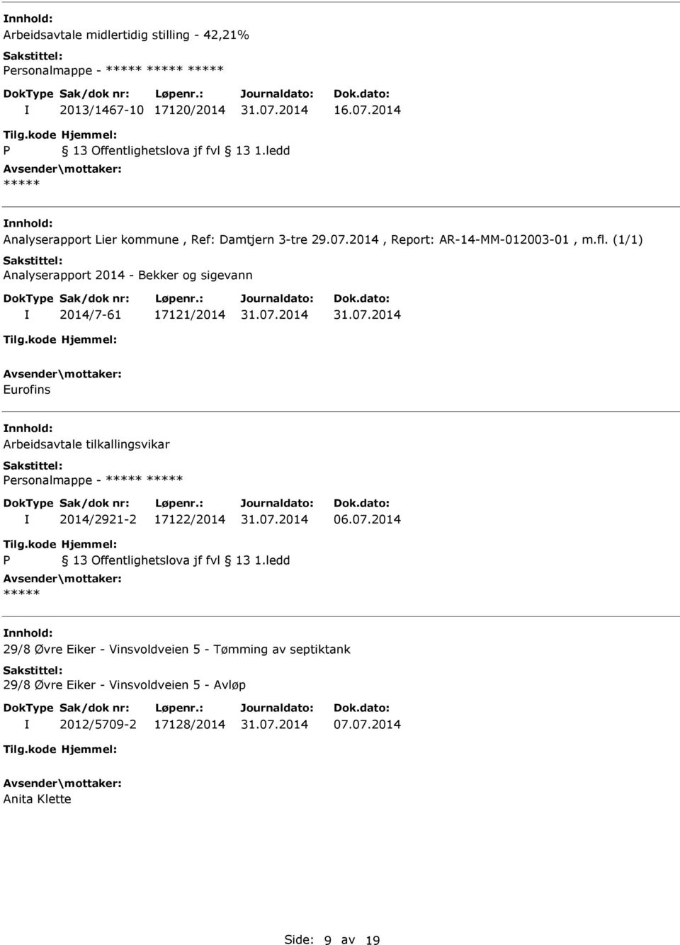 (1/1) Analyserapport 2014 - Bekker og sigevann 2014/7-61 17121/2014 Eurofins nnhold: Arbeidsavtale tilkallingsvikar ersonalmappe -