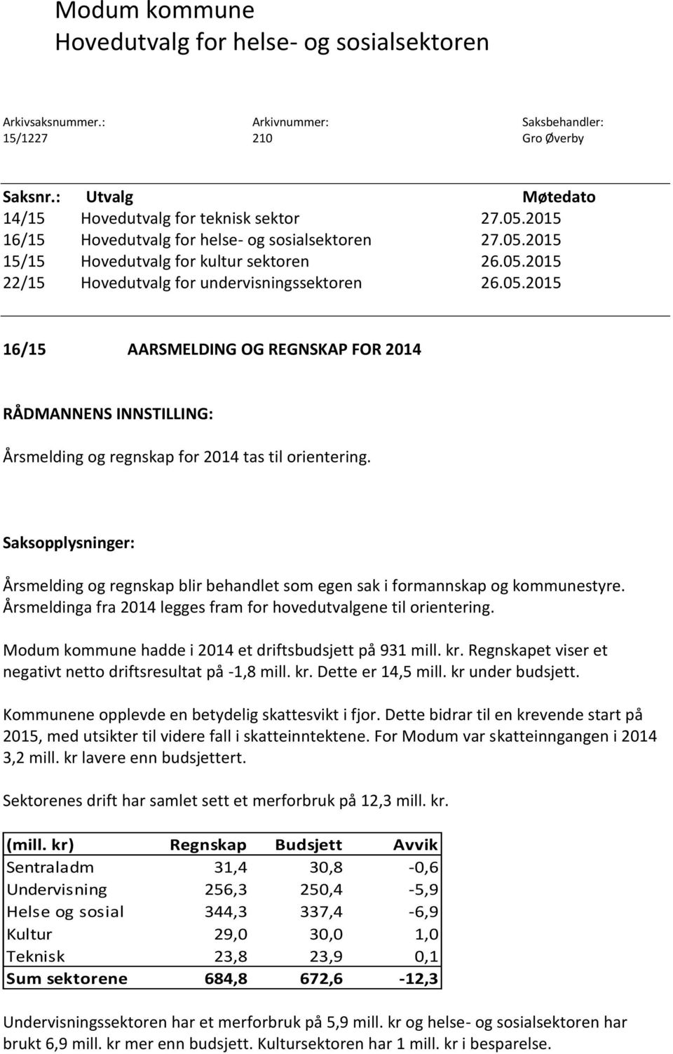 Saksopplysninger: Årsmelding og regnskap blir behandlet som egen sak i formannskap og kommunestyre. Årsmeldinga fra 2014 legges fram for hovedutvalgene til orientering.