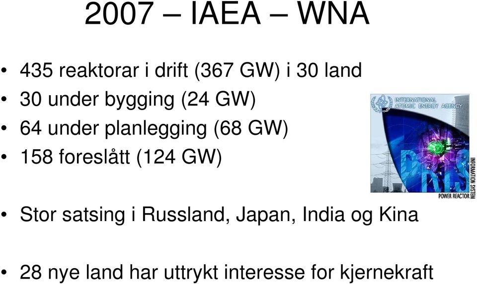 158 foreslått (124 GW) Stor satsing i Russland, Japan,