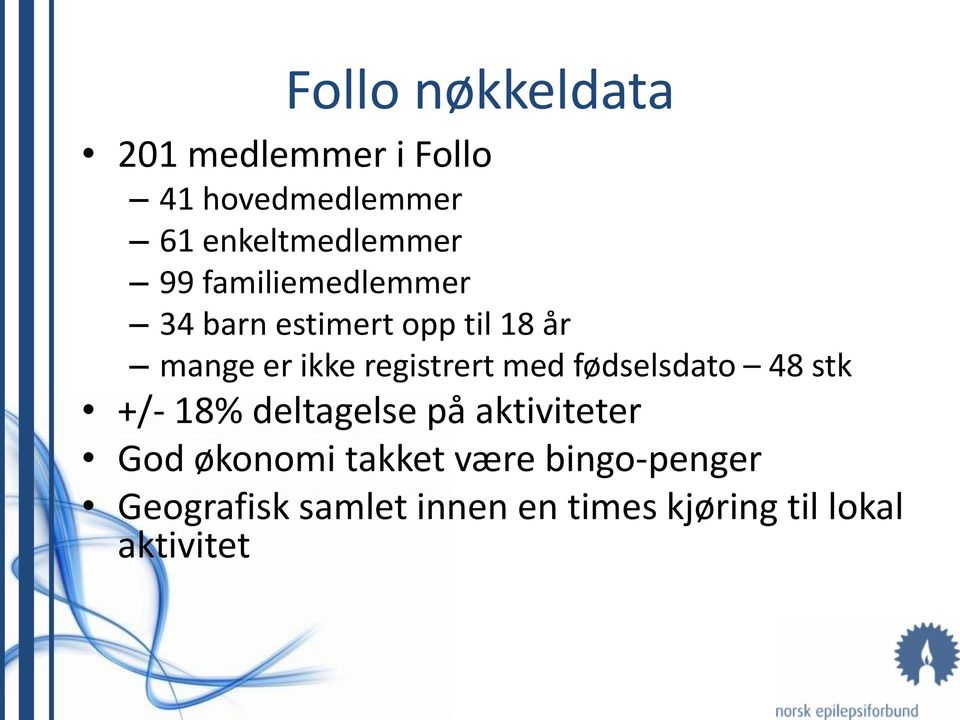 med fødselsdato 48 stk +/- 18% deltagelse på aktiviteter God økonomi takket