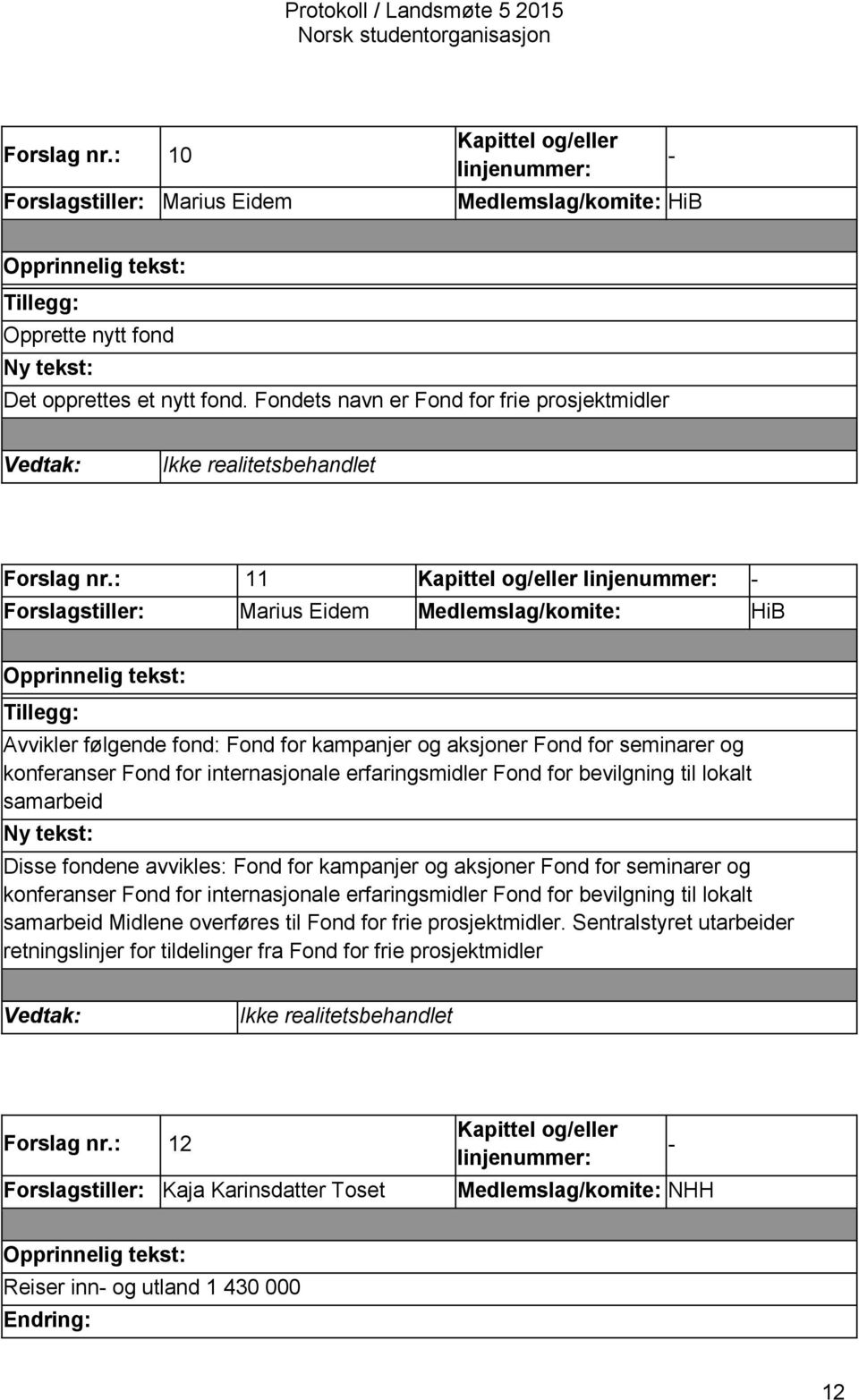 : 11 Kapittel og/eller - Forslagstiller: Marius Eidem Medlemslag/komite: HiB Tillegg: Avvikler følgende fond: Fond for kampanjer og aksjoner Fond for seminarer og konferanser Fond for internasjonale