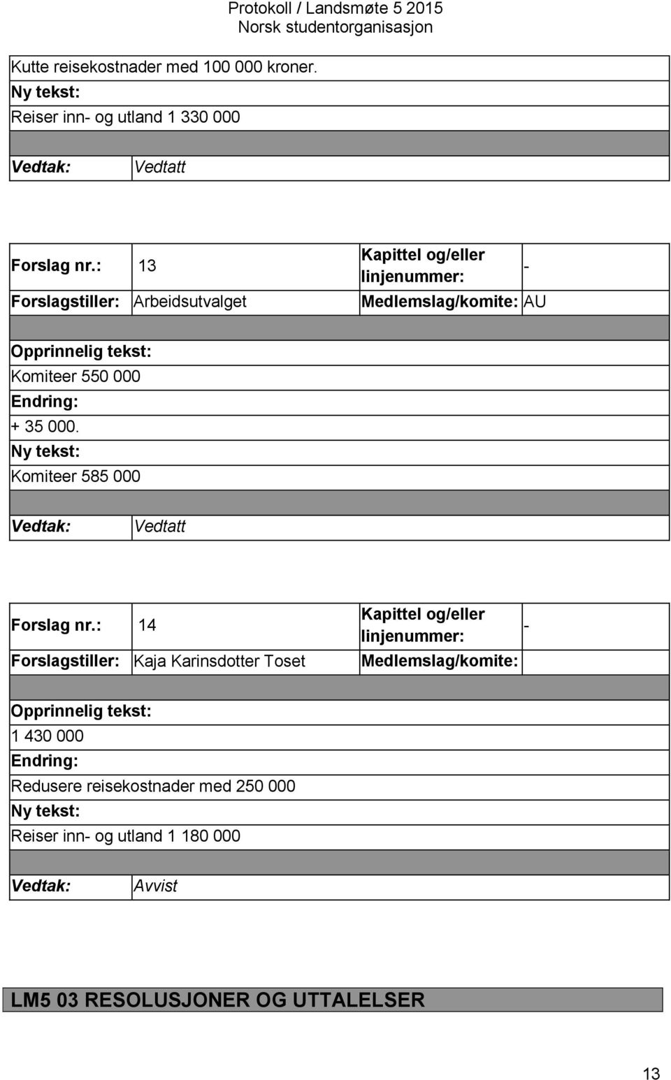 Komiteer 585 000 Vedtatt Forslag nr.