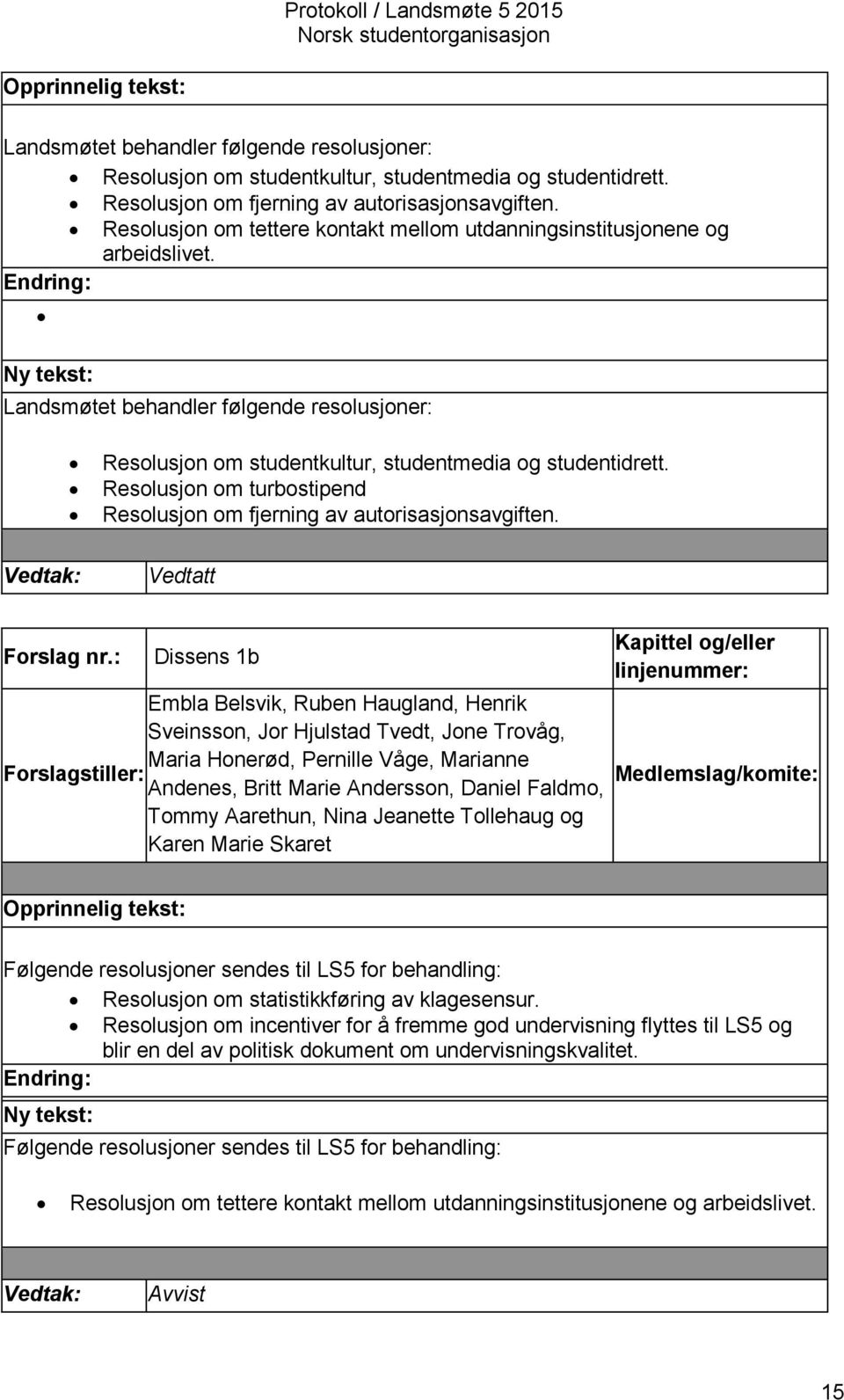 Resolusjon om turbostipend Resolusjon om fjerning av autorisasjonsavgiften. Vedtatt Forslag nr.