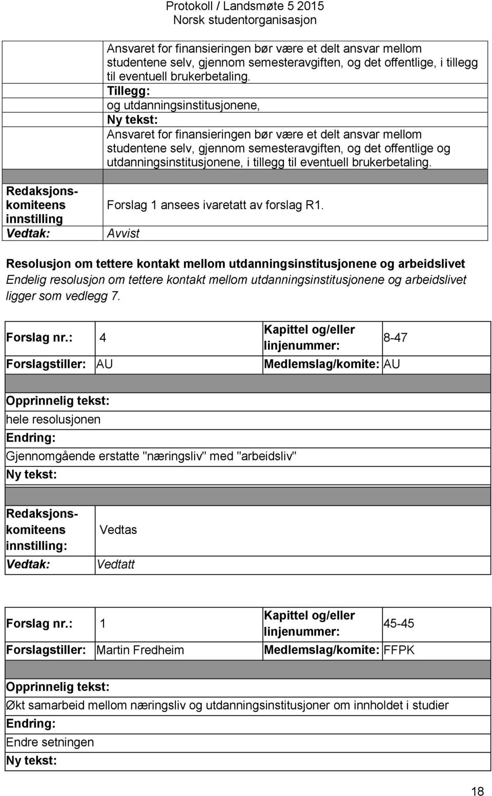 til eventuell brukerbetaling. Redaksjonskomiteens innstilling Forslag 1 ansees ivaretatt av forslag R1.