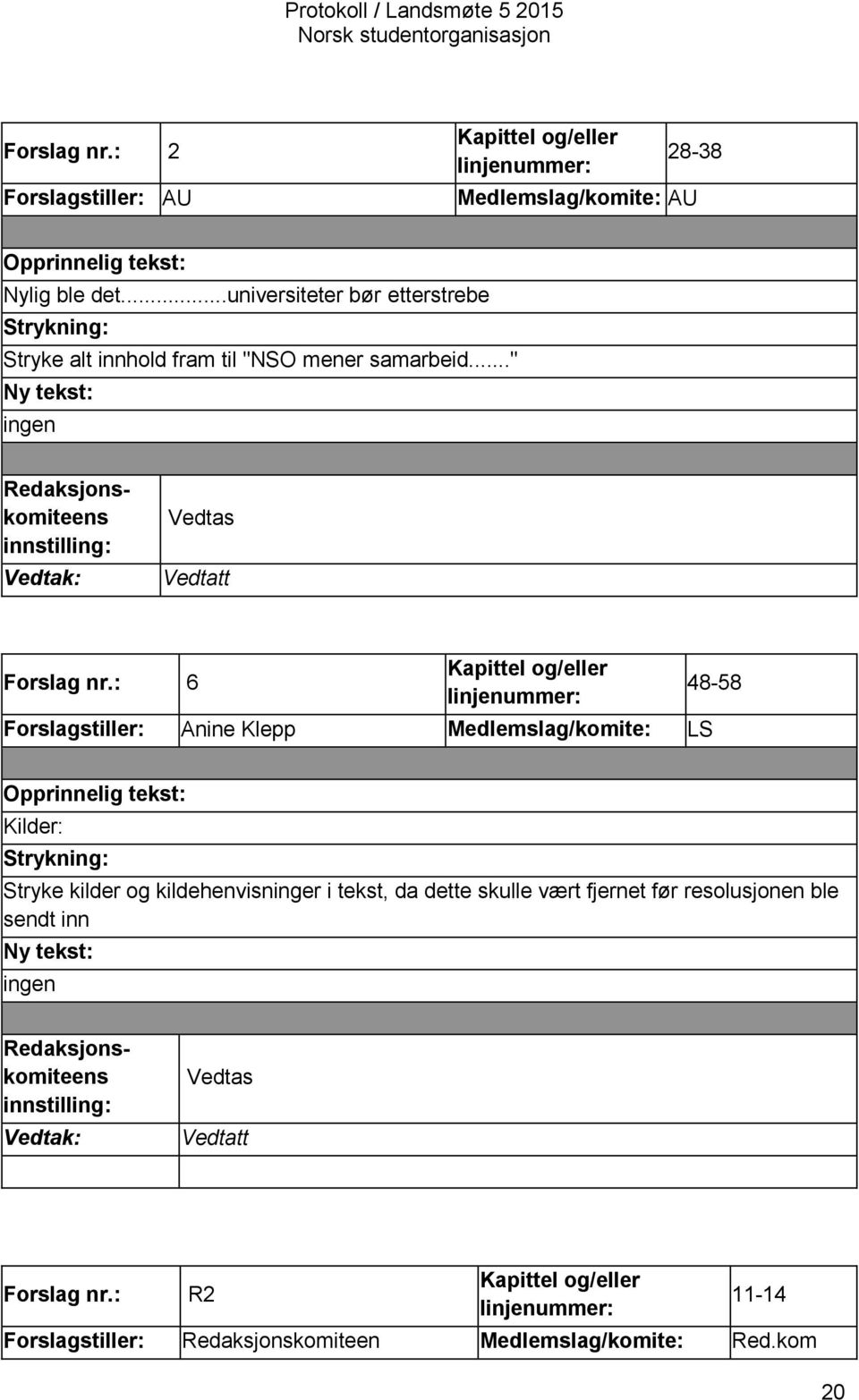 .." ingen Redaksjonskomiteens innstilling: Vedtas Vedtatt Forslag nr.