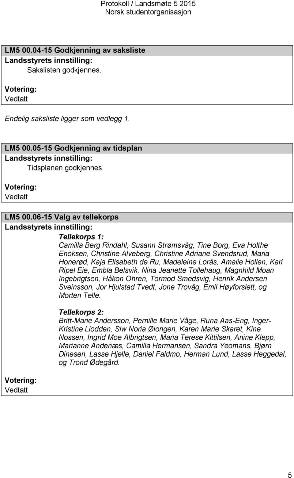 06-15 Valg av tellekorps Landsstyrets innstilling: Tellekorps 1: Camilla Berg Rindahl, Susann Strømsvåg, Tine Borg, Eva Holthe Enoksen, Christine Alveberg, Christine Adriane Svendsrud, Maria Honerød,