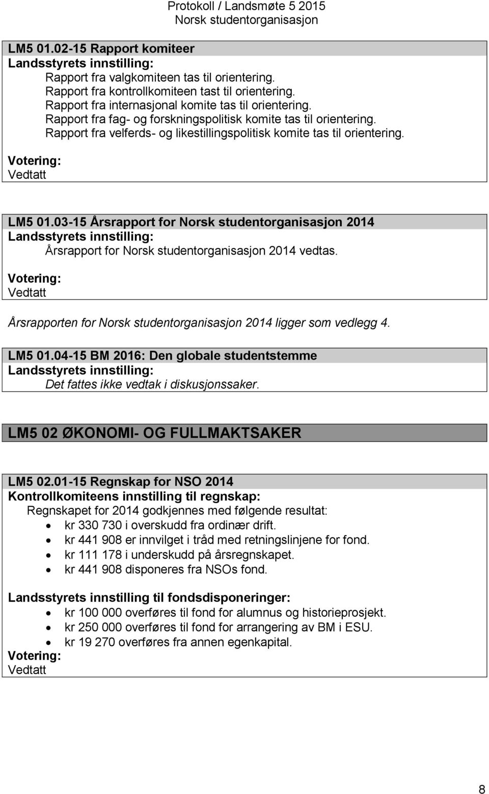 Votering: Vedtatt LM5 01.03-15 Årsrapport for 2014 Landsstyrets innstilling: Årsrapport for 2014 vedtas. Votering: Vedtatt Årsrapporten for 2014 ligger som vedlegg 4. LM5 01.04-15 BM 2016: Den globale studentstemme Landsstyrets innstilling: Det fattes ikke vedtak i diskusjonssaker.