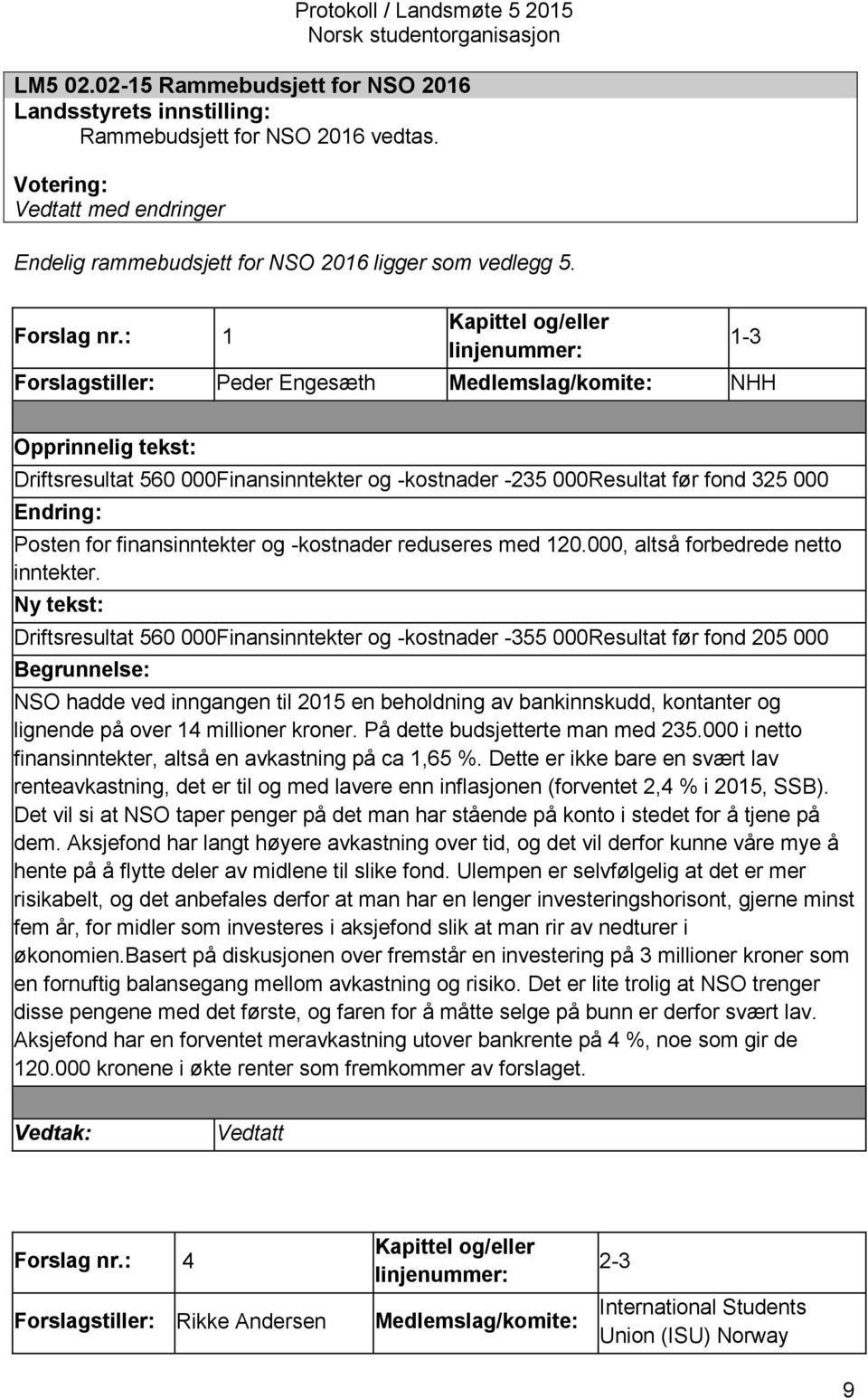 : 1 Kapittel og/eller Forslagstiller: Peder Engesæth Medlemslag/komite: NHH 1-3 Driftsresultat 560 000Finansinntekter og -kostnader -235 000Resultat før fond 325 000 Endring: Posten for