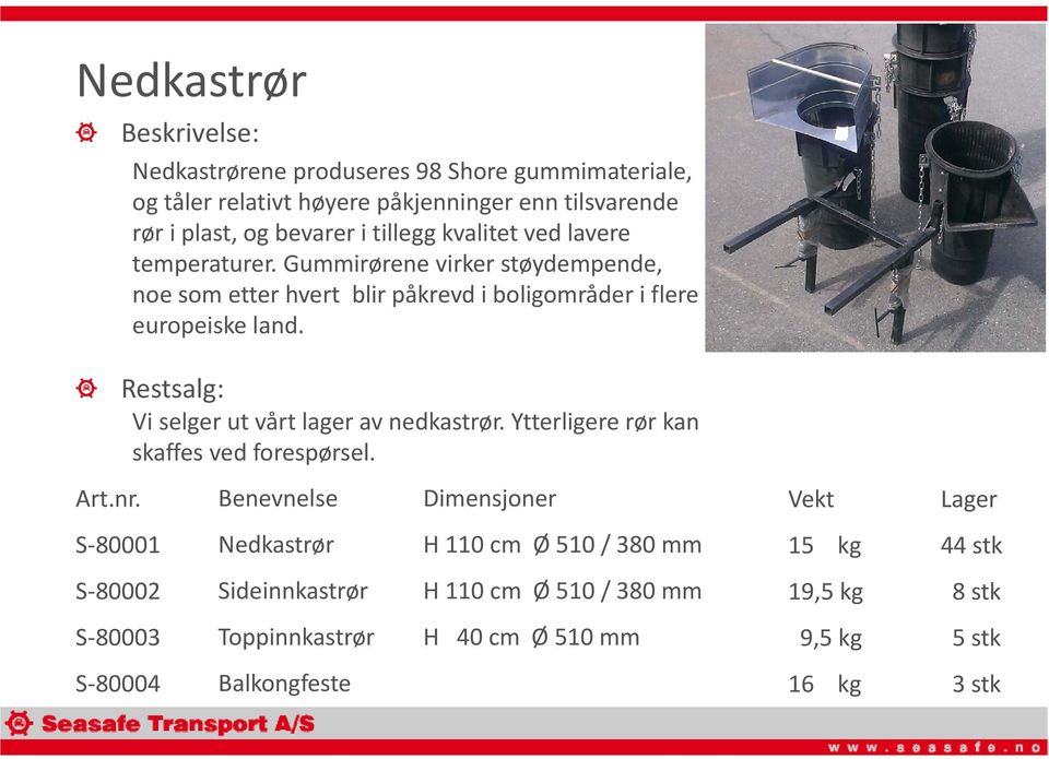 S 80001 S 80002 S 80003 S 80004 Restsalg: Vi selger ut vårt lager av nedkastrør. Ytterligere rør kan skaffes ved forespørsel.