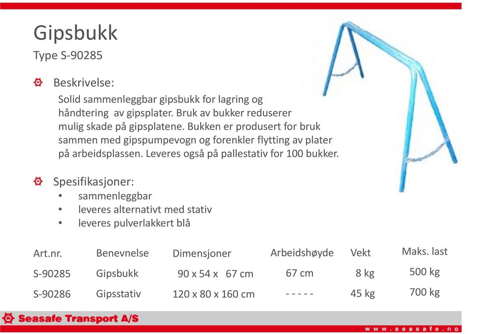 Bukken er produsert for bruk sammen med gipspumpevogn og forenkler flytting av plater på arbeidsplassen.