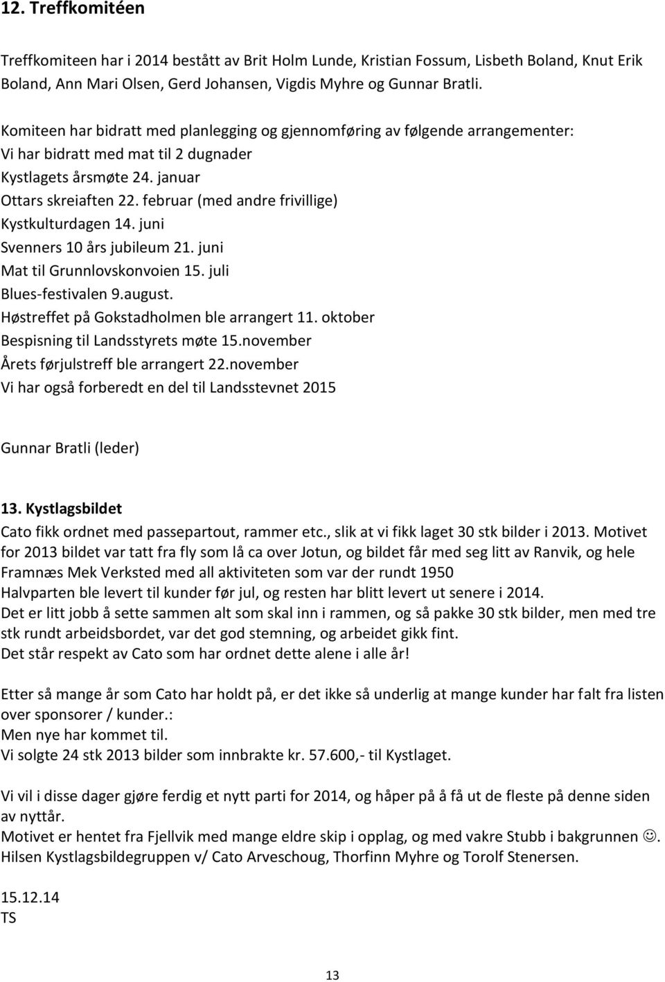 februar (med andre frivillige) Kystkulturdagen 14. juni Svenners 10 års jubileum 21. juni Mat til Grunnlovskonvoien 15. juli Blues-festivalen 9.august. Høstreffet på Gokstadholmen ble arrangert 11.