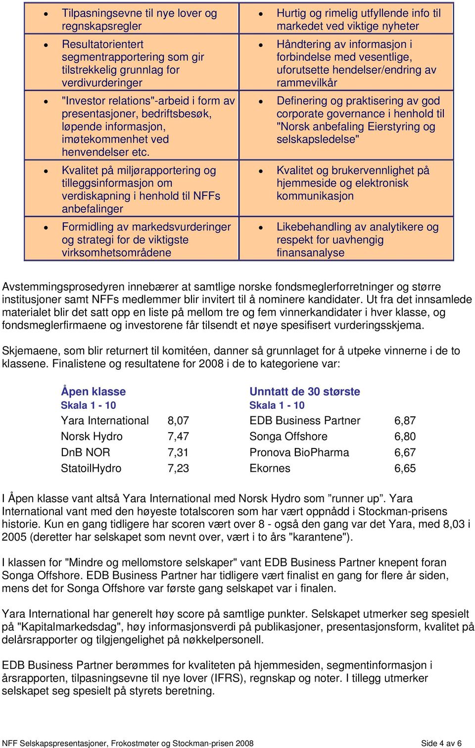 Kvalitet på miljørapportering og tilleggsinformasjon om verdiskapning i henhold til NFFs anbefalinger Formidling av markedsvurderinger og strategi for de viktigste virksomhetsområdene Hurtig og