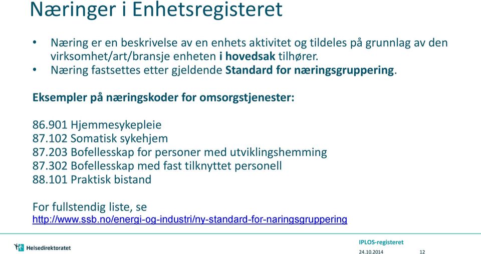 901 Hjemmesykepleie 87.102 Somatisk sykehjem 87.203 Bofellesskap for personer med utviklingshemming 87.