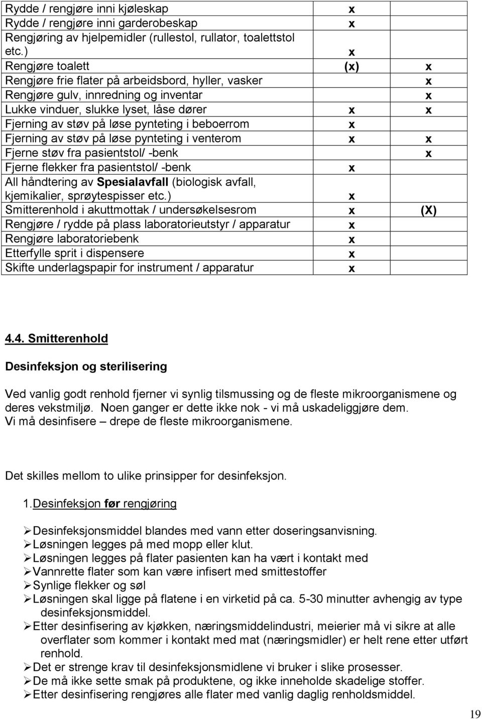 Fjerning av støv på løse pynteting i venterom Fjerne støv fra pasientstol/ -benk Fjerne flekker fra pasientstol/ -benk All håndtering av Spesialavfall (biologisk avfall, kjemikalier, sprøytespisser