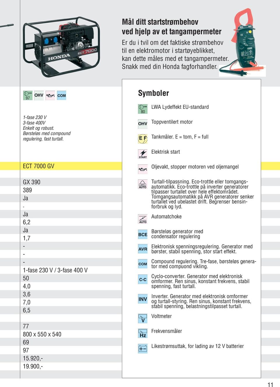 E = tom, F = full Elektrisk start ECT 7000 GV GX 390 389 Ja - Ja 6,2 Ja 1,7 - - - 1-fase 230 V / 3-fase 400 V 50 4,0 3,6 7,0 6,5 77 800 x 550 x 540 69 97 15.920,- 19.