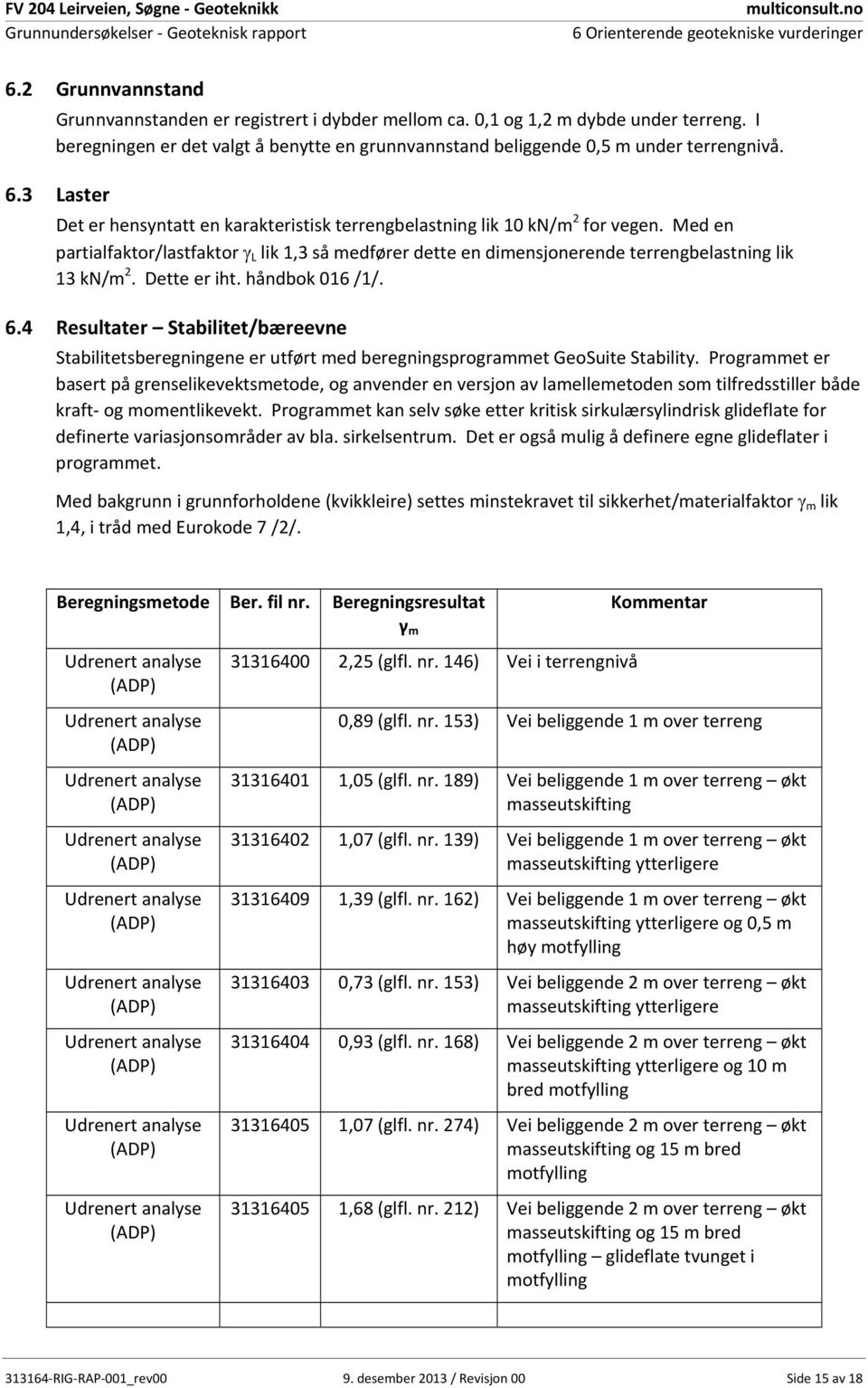 3 Laster Det er hensyntatt en karakteristisk terrengbelastning lik 1 kn/m 2 for vegen. Med en partialfaktor/lastfaktor L lik 1,3 så medfører dette en dimensjonerende terrengbelastning lik 13 kn/m 2.