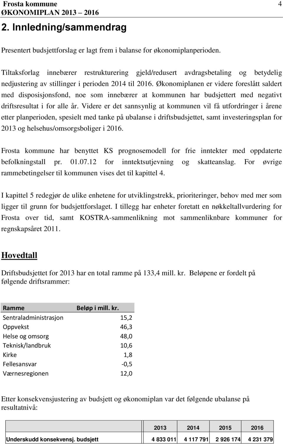 Økonomiplanen er videre foreslått saldert med disposisjonsfond, noe som innebærer at kommunen har budsjettert med negativt driftsresultat i for alle år.