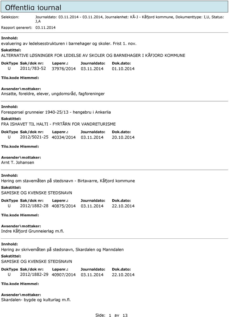 2014 Ansatte, foreldre, elever, ungdomsråd, fagforeninger Forespørsel grunneier 1940-25/13 - hengebru i Ankerlia FRA SHAVET TL HALT - FYRTÅRN FOR VANDRETRSME 2012/5021-25 40334/2014 20.10.2014 Arnt T.