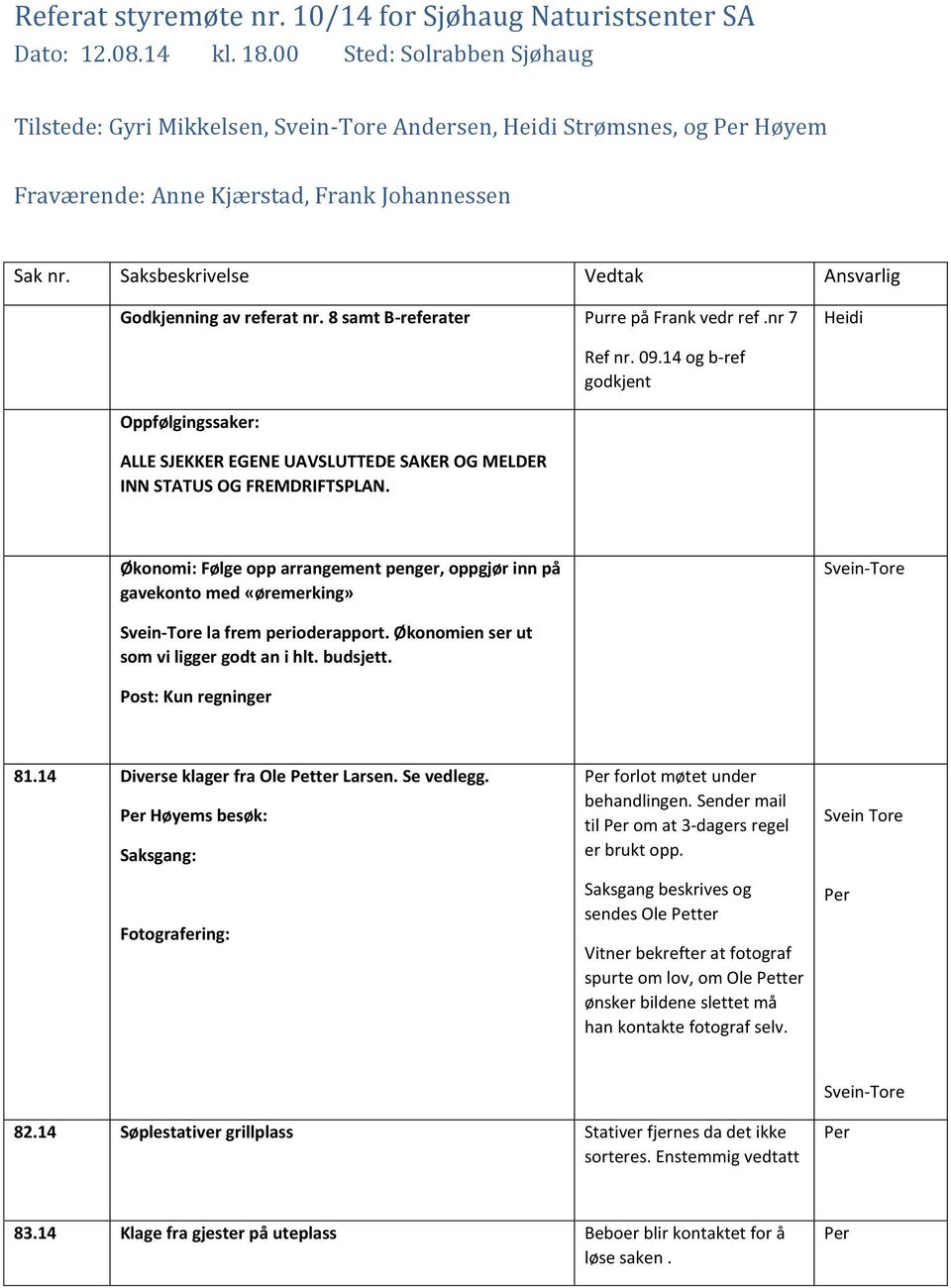 Saksbeskrivelse Vedtak Ansvarlig Godkjenning av referat nr. 8 samt B-referater Purre på Frank vedr ref.nr 7 Heidi Ref nr. 09.