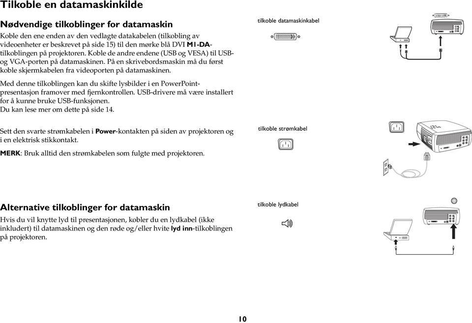 tilkoble datamaskinkabel Med denne tilkoblingen kan du skifte lysbilder i en PowerPointpresentasjon framover med fjernkontrollen. USB-drivere må være installert for å kunne bruke USB-funksjonen.