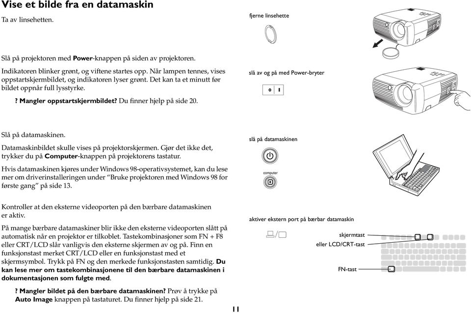 Du finner hjelp på side 20. Slå på datamaskinen. Datamaskinbildet skulle vises på projektorskjermen. Gjør det ikke det, trykker du på Computer-knappen på projektorens tastatur.