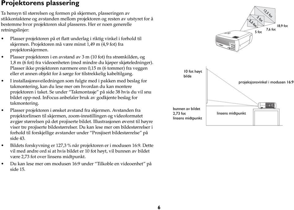 Plasser projektoren i en avstand av 3 m (10 fot) fra strømkilden, og 1,8 m (6 fot) fra videoenheten (med mindre du kjøper skjøteledninger).