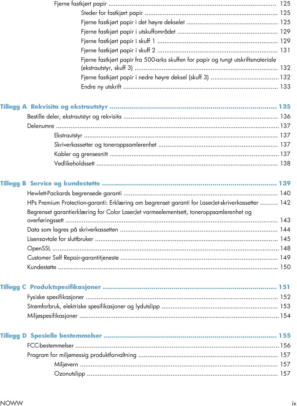 .. 132 Fjerne fastkjørt papir i nedre høyre deksel (skuff 3)... 132 Endre ny utskrift... 133 Tillegg A Rekvisita og ekstrautstyr... 135 Bestille deler, ekstrautstyr og rekvisita... 136 Delenumre.