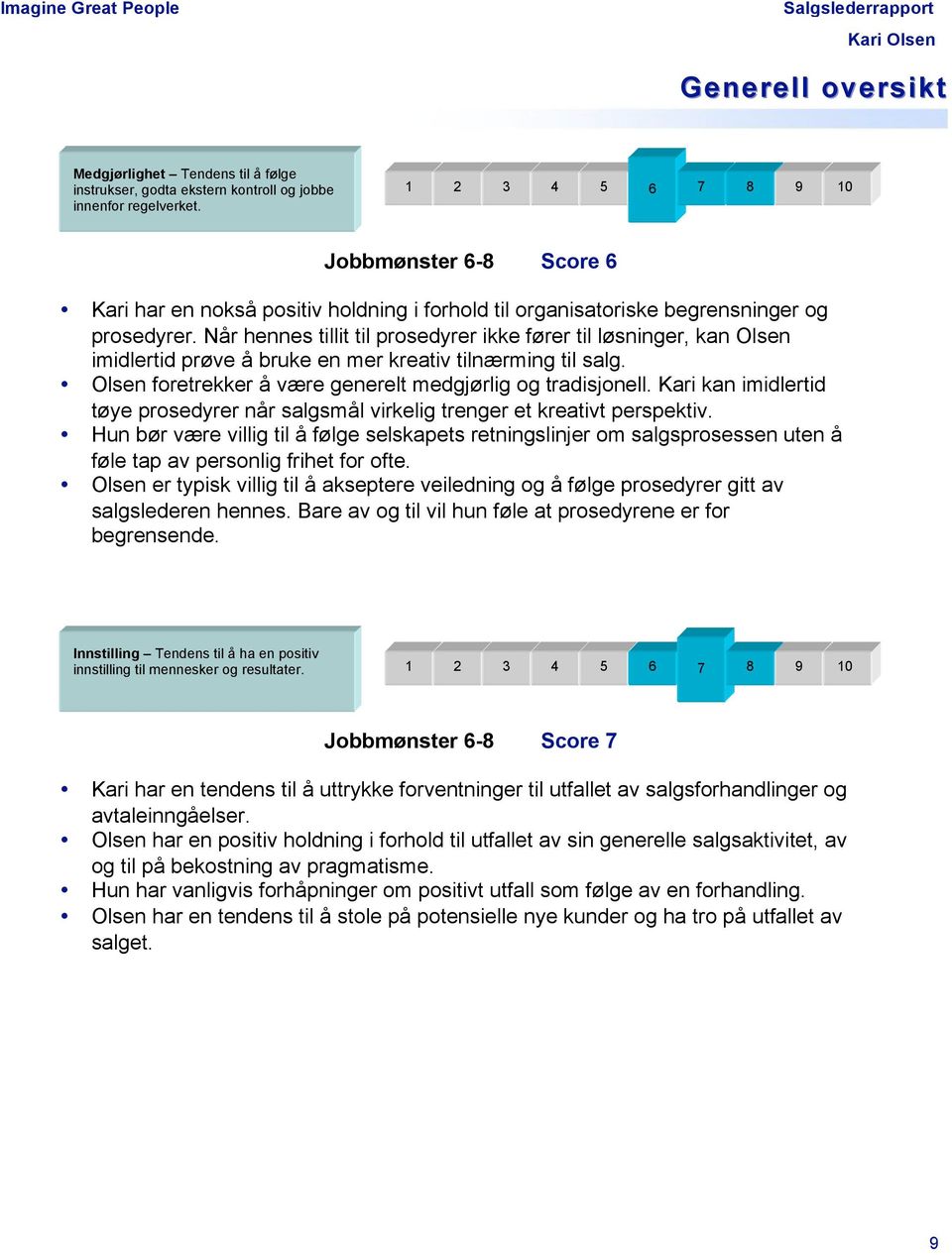 Når hennes tillit til prosedyrer ikke fører til løsninger, kan Olsen imidlertid prøve å bruke en mer kreativ tilnærming til salg. Olsen foretrekker å være generelt medgjørlig og tradisjonell.