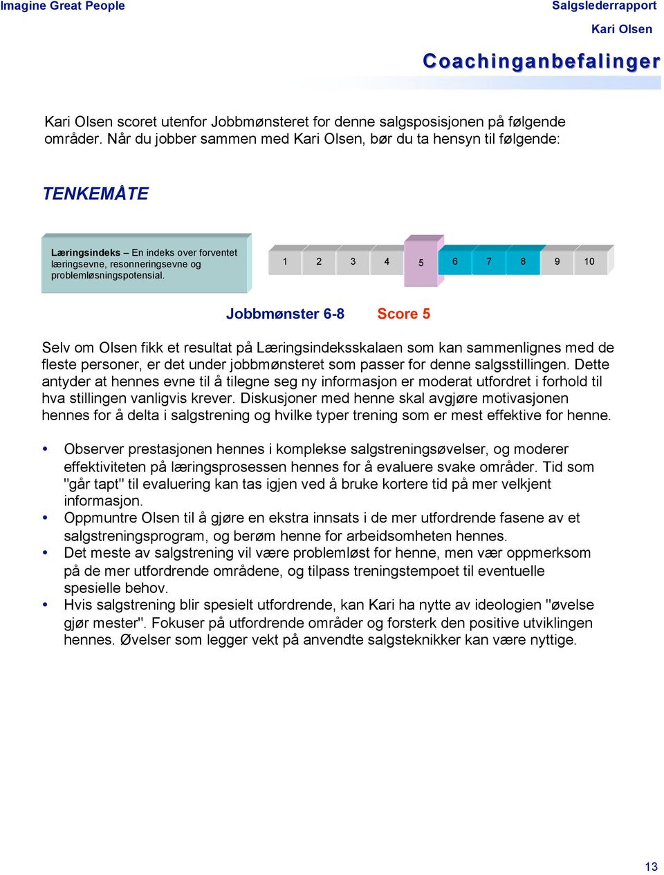 Jobbmønster 6-8 Score 5 Selv om Olsen fikk et resultat på Læringsindeksskalaen som kan sammenlignes med de fleste personer, er det under jobbmønsteret som passer for denne salgsstillingen.