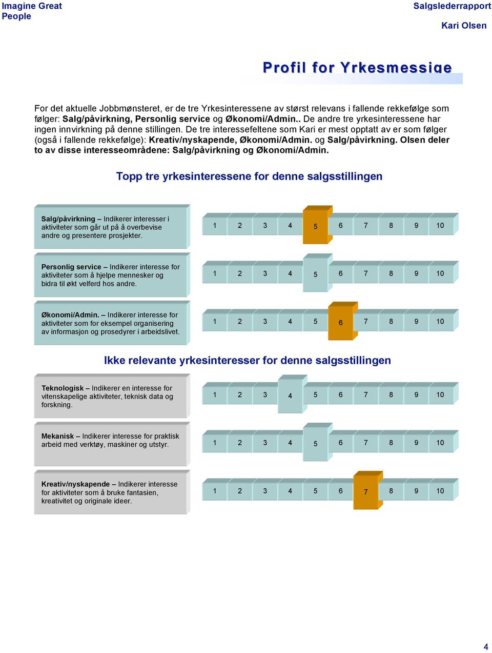 De tre interessefeltene som Kari er mest opptatt av er som følger (også i fallende rekkefølge): Kreativ/nyskapende, Økonomi/Admin. og Salg/påvirkning.