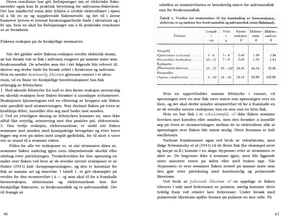 fri sjø, hvis en skal ha forhåpninger om å få praktiske resultater ut av forsøkene. tabellen at strømtettheten er betraktelig større for saltvannsfisk enn for ferskvannsfisk.