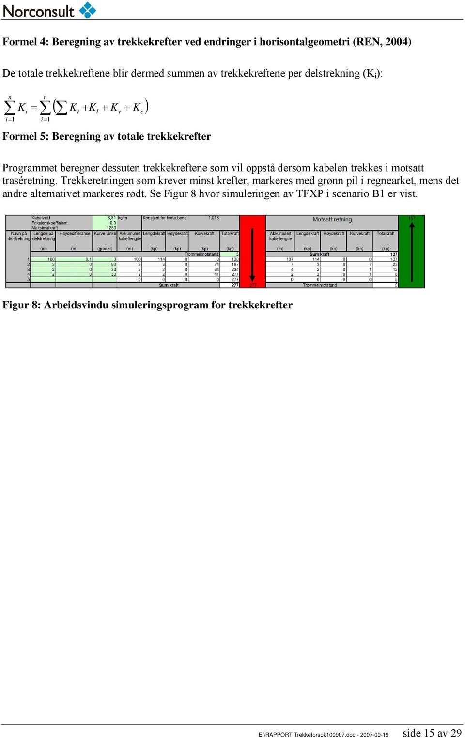 trekkes i motsatt traséretning. Trekkeretningen som krever minst krefter, markeres med grønn pil i regnearket, mens det andre alternativet markeres rødt.