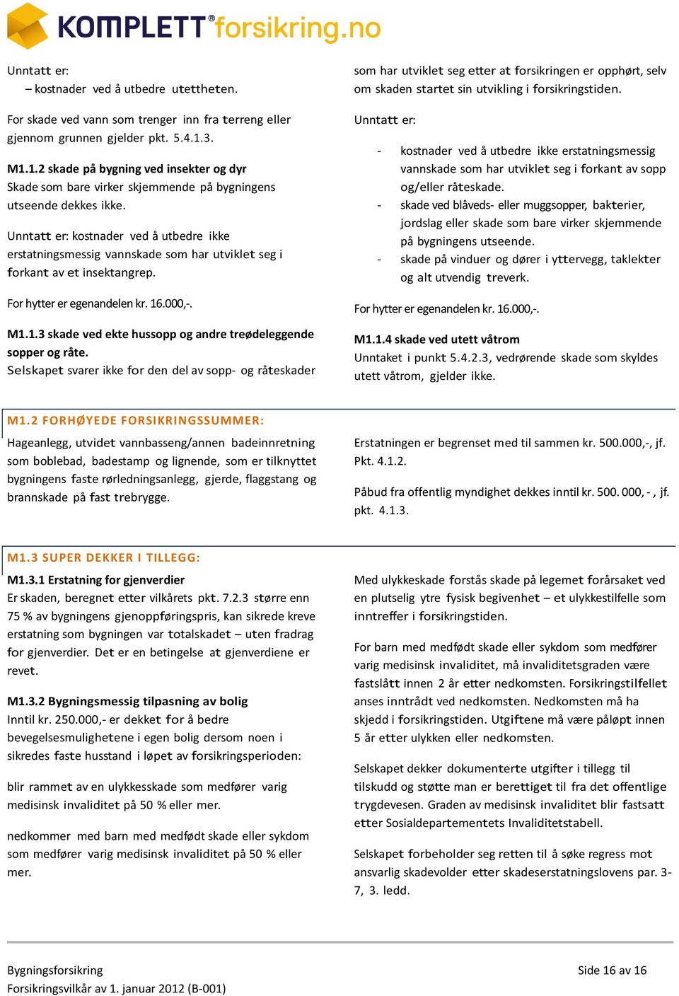 Unntatt er: kostnader ved å utbedre ikke erstatningsmessig vannskade som har utviklet seg i forkant av et insektangrep. For hytter er egenandelen kr. 16