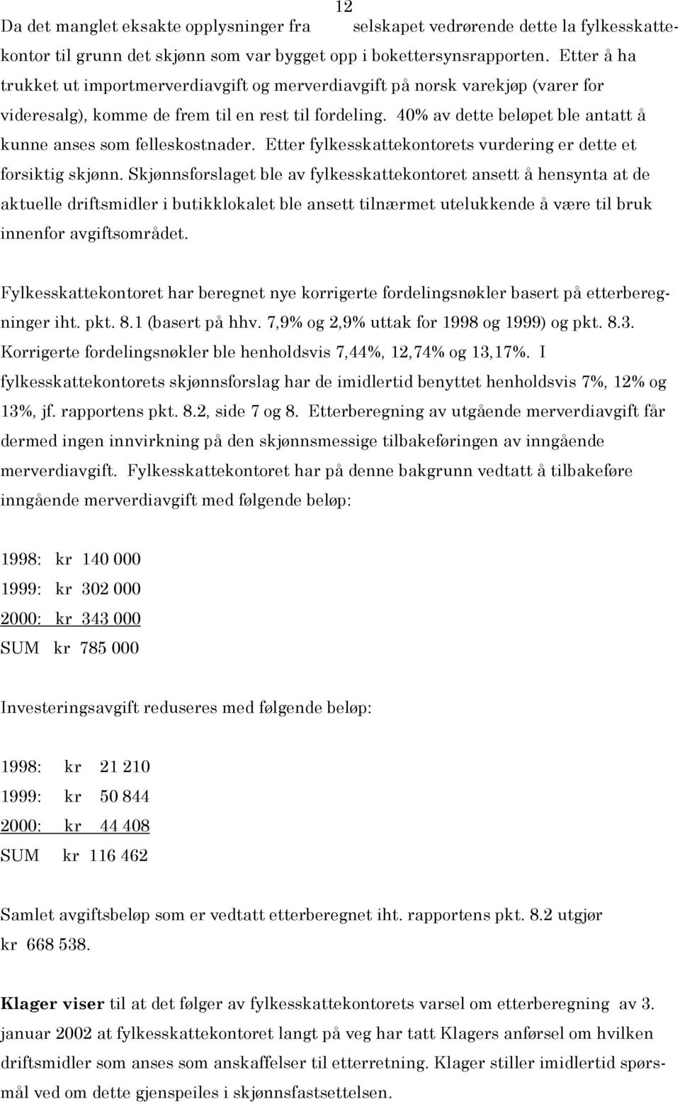 40% av dette beløpet ble antatt å kunne anses som felleskostnader. Etter fylkesskattekontorets vurdering er dette et forsiktig skjønn.