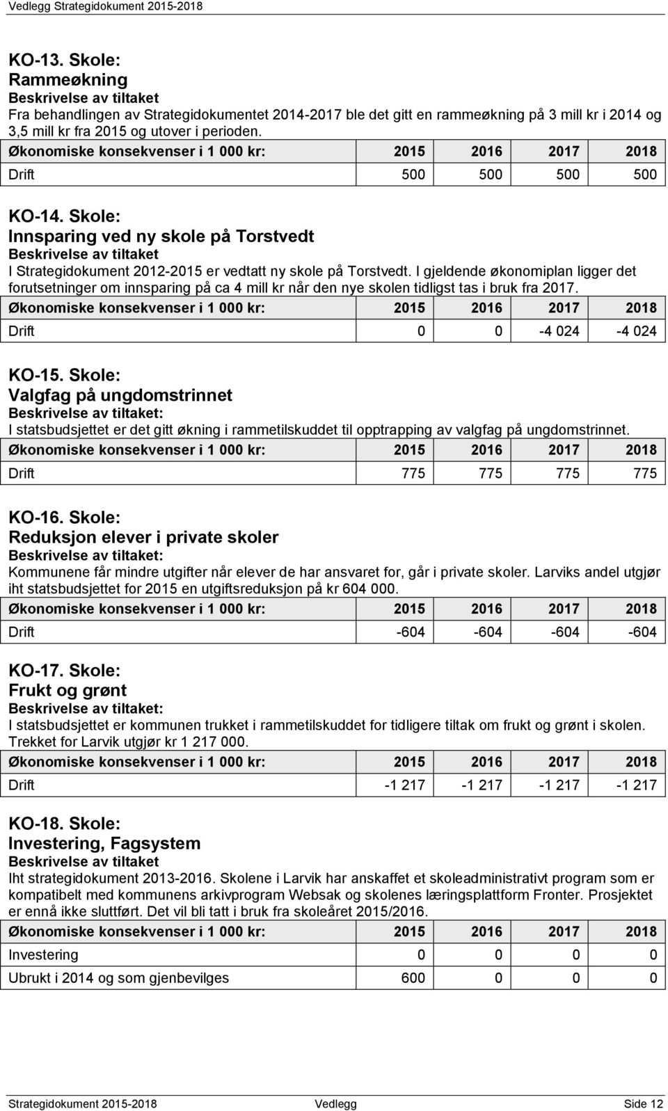 I gjeldende økonomiplan ligger det forutsetninger om innsparing på ca 4 mill kr når den nye skolen tidligst tas i bruk fra 217. Drift -4 24-4 24 KO-15.