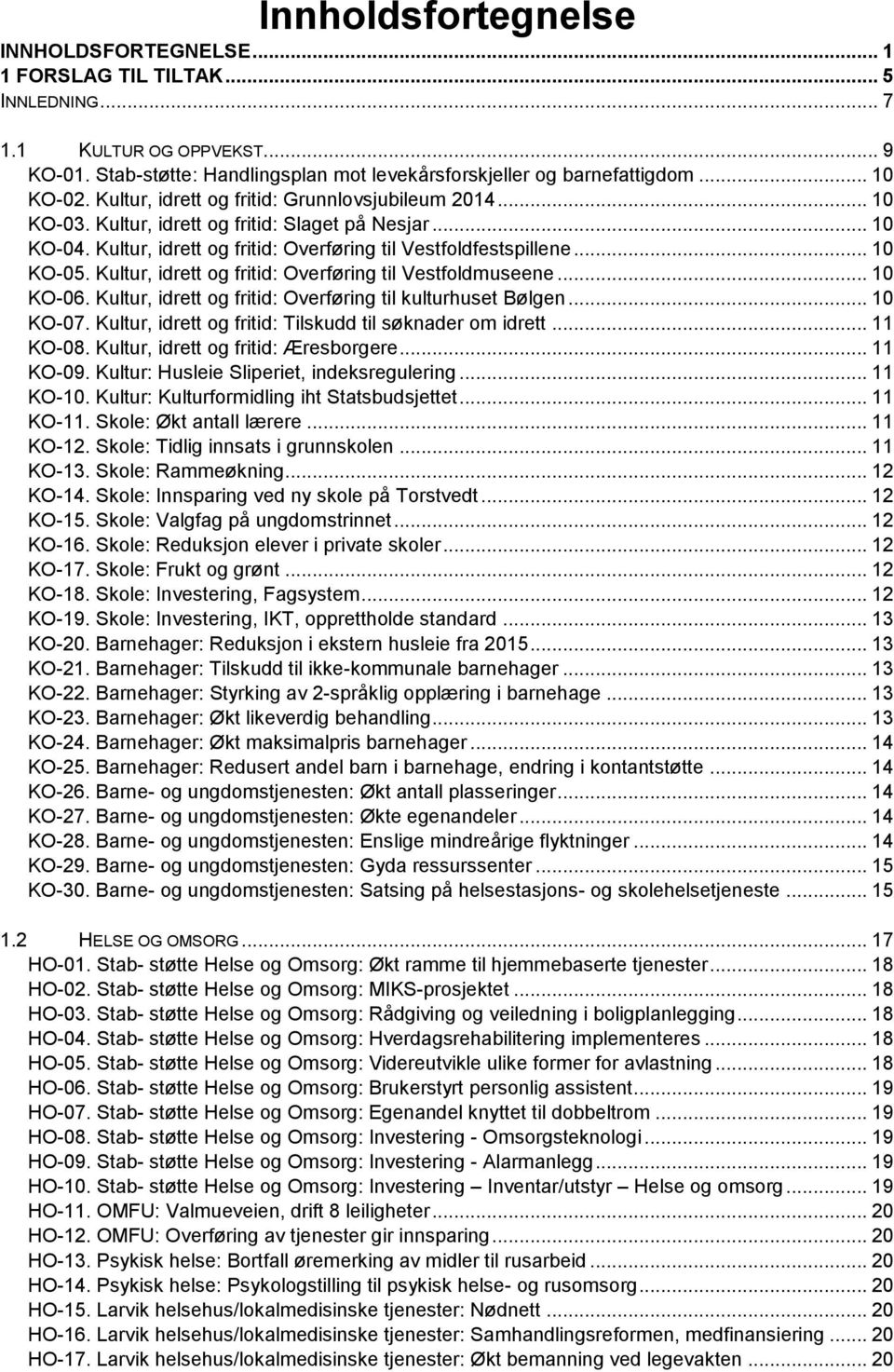 Kultur, idrett og fritid: Overføring til Vestfoldmuseene... 1 KO-6. Kultur, idrett og fritid: Overføring til kulturhuset Bølgen... 1 KO-7. Kultur, idrett og fritid: Tilskudd til søknader om idrett.