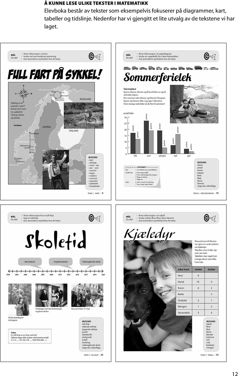 diagrammer, kart, tabeller og tidslinje.