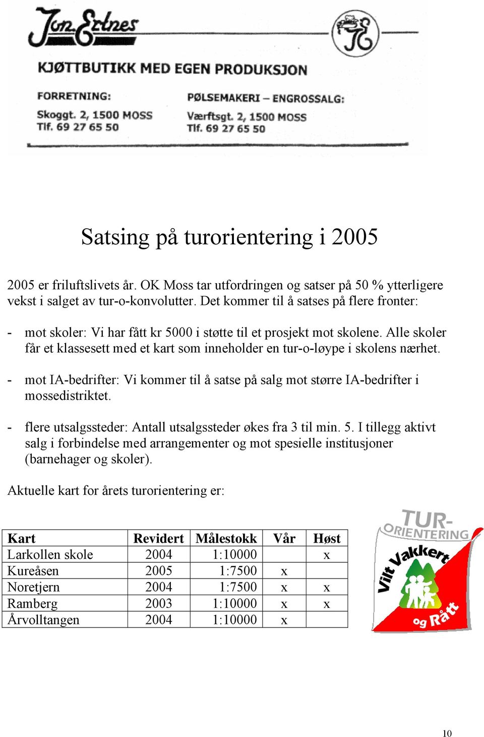 Alle skoler får et klassesett med et kart som inneholder en tur-o-løype i skolens nærhet. - mot IA-bedrifter: Vi kommer til å satse på salg mot større IA-bedrifter i mossedistriktet.