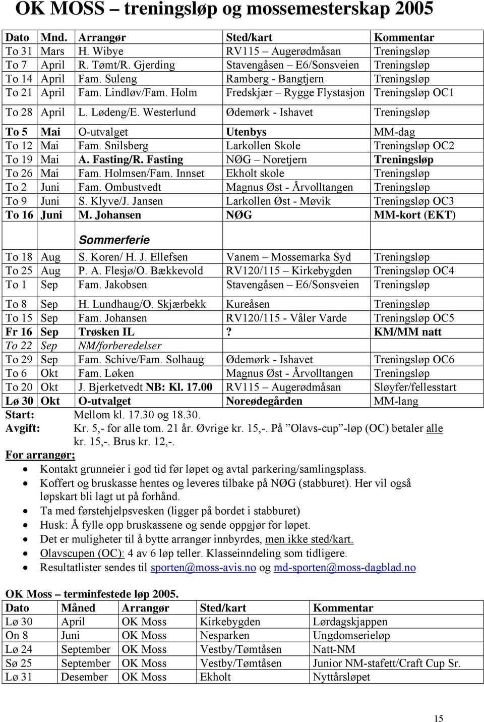 Lødeng/E. Westerlund Ødemørk - Ishavet Treningsløp To 5 Mai O-utvalget Utenbys MM-dag To 12 Mai Fam. Snilsberg Larkollen Skole Treningsløp OC2 To 19 Mai A. Fasting/R.