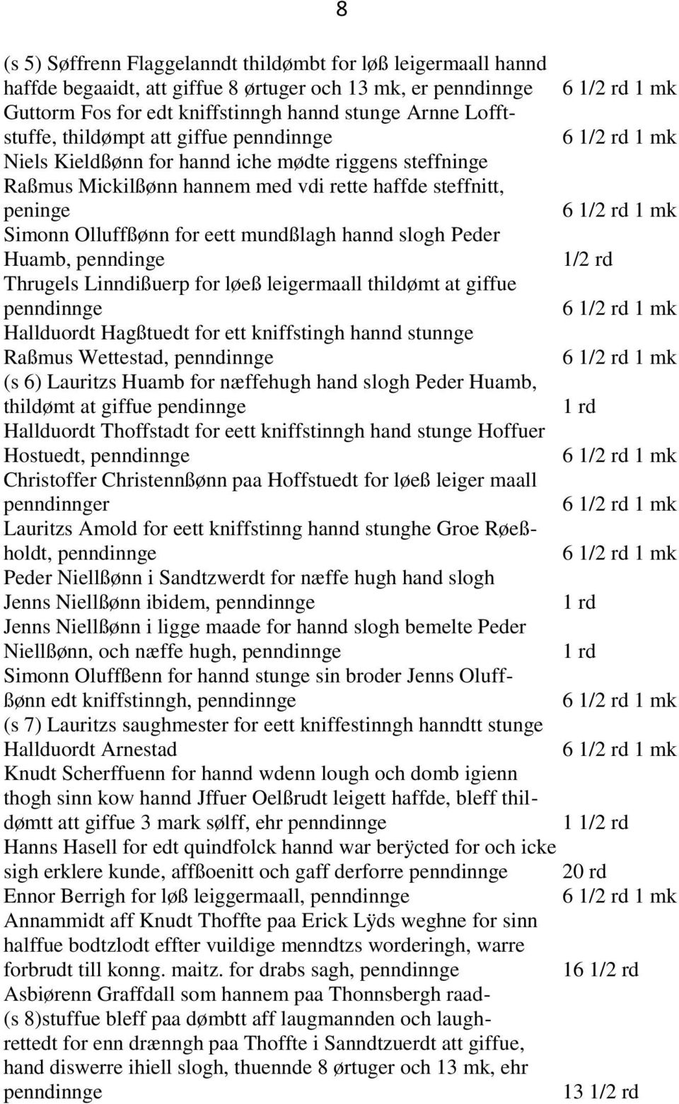 for eett mundßlagh hannd slogh Peder Huamb, penndinge Thrugels Linndißuerp for løeß leigermaall thildømt at giffue penndinnge 6 1 mk Hallduordt Hagßtuedt for ett kniffstingh hannd stunnge Raßmus