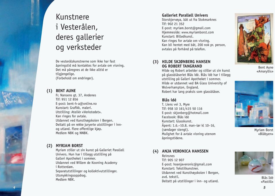 De vesterålskunstnerne som ikke har fast åpningstid må kontaktes for avtale om visning. Det må påregnes at de ikke alltid er tilgjengelige. (Forbehold om endringer). (1) BENT AUNE Fr. Nansens gt.