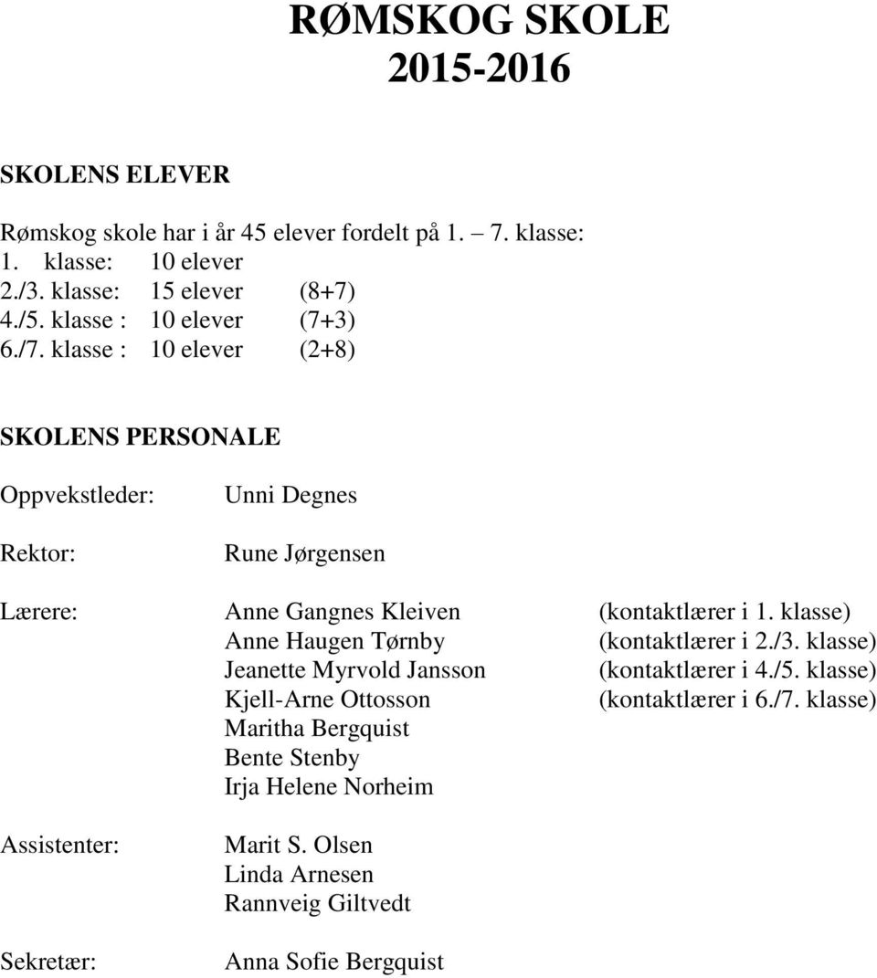 klasse : 10 elever (2+8) SKOLENS PERSONALE Oppvekstleder: Rektor: Unni Degnes Rune Jørgensen Lærere: Anne Gangnes Kleiven (kontaktlærer i 1.