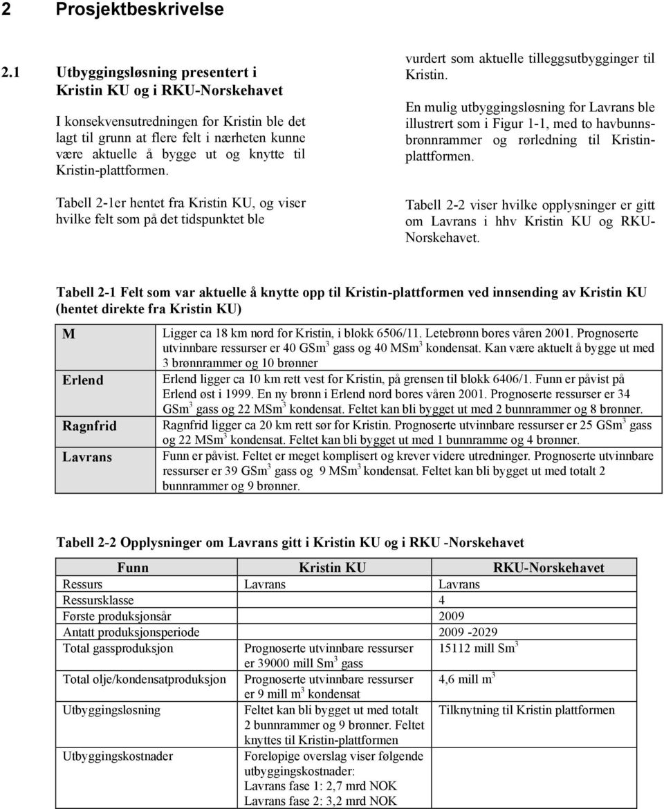 Kristin-plattformen. Tabell 2-1er hentet fra Kristin KU, og viser hvilke felt som på det tidspunktet ble vurdert som aktuelle tilleggsutbygginger til Kristin.