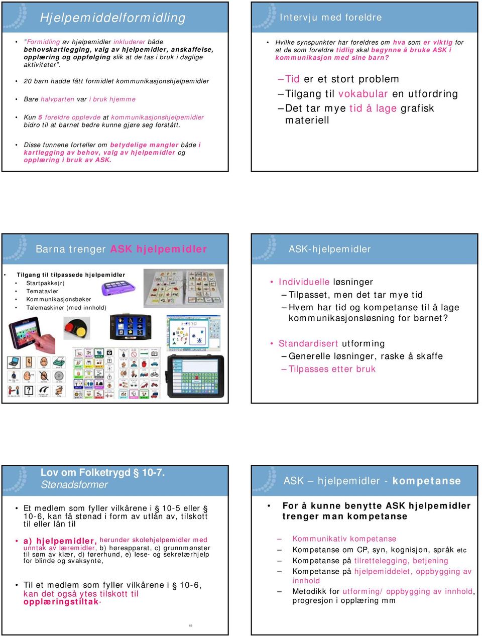 20 barn hadde fått formidlet kommunikasjonshjelpemidler Bare halvparten var i bruk hjemme Kun 5 foreldre opplevde at kommunikasjonshjelpemidler bidro til at barnet bedre kunne gjøre seg forstått.